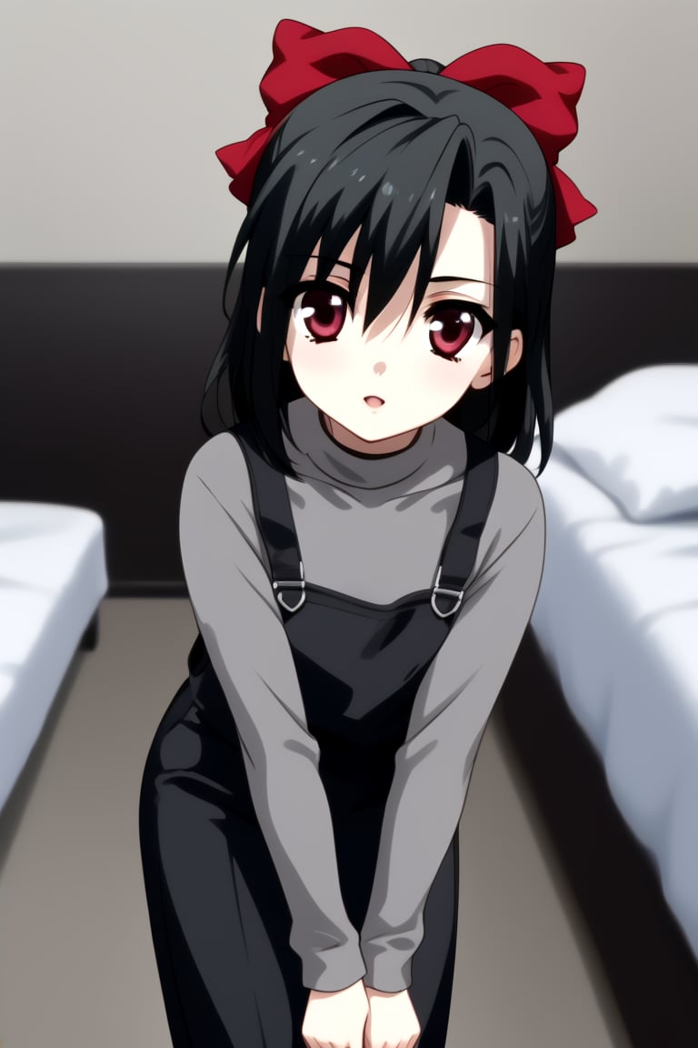 Highly detailed, High Quality, masterpiece, beautiful, 1girl, solo, (feminine focus, young woman, 16 years old), Setsuna Kiyoura, black hair, red eyes, hair bow, red bow, tiny breasts, BREAK (black pinafore dress), grey t-shirt, grey long sleeves, turtle neck, BREAK front view, far_from_viewer, standing, Focus down, full_body, leaning_forward<lora:EMS-440496-EMS:1.000000>