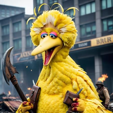 cinematic photo Bigbird1024, a giant yellow bird with axes, angry, war, blood, postapocalyptic, fires <lora:Bigbird1024-000255:0.7> . 35mm photograph, film, bokeh, professional, 4k, highly detailed