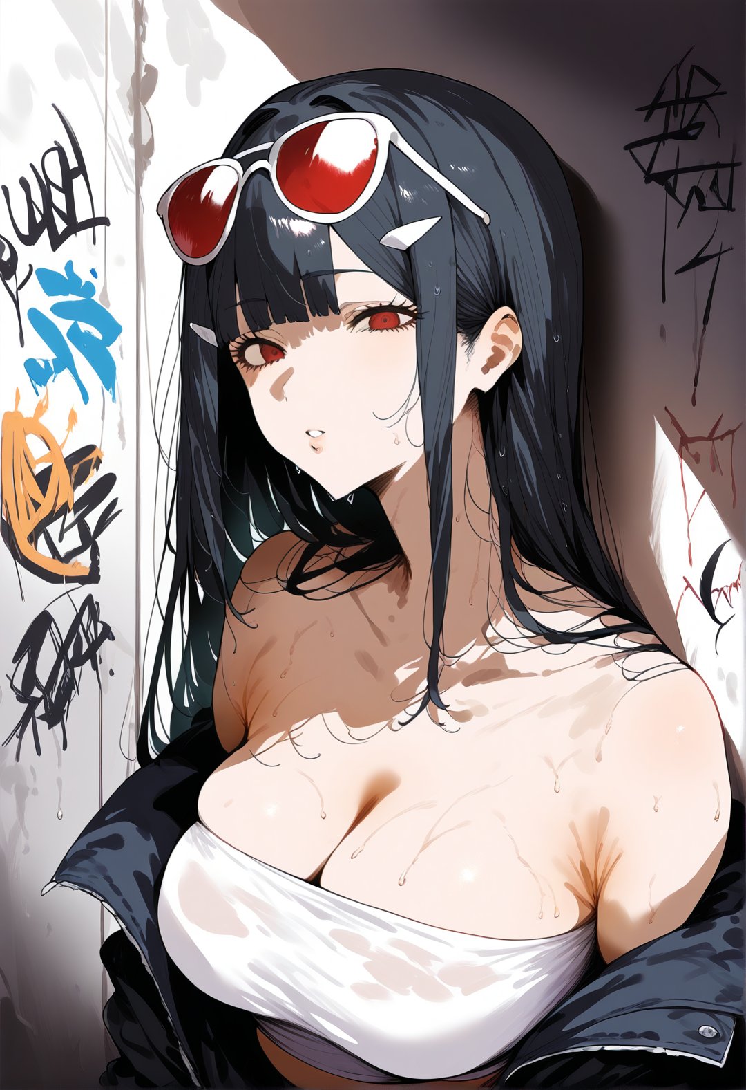 tss, score_9, score_8_up, score_7_up, score_6_up, source_anime, <lora:STS 0.4v:1>,1girl, breasts, red eyes, solo, cleavage, black hair, long hair, bangs, eyewear on head, looking at viewer, parted lips, expressionless, jacket, large breasts, bare shoulders, black jacket, sunglasses, off shoulder, collarbone, blunt bangs, sweat, strapless, hair ornament, denim, pants, against wall, wet, skindentation, long sleeves, jeans, upper body, white shirt, shirt, graffiti, hairclip, tube top