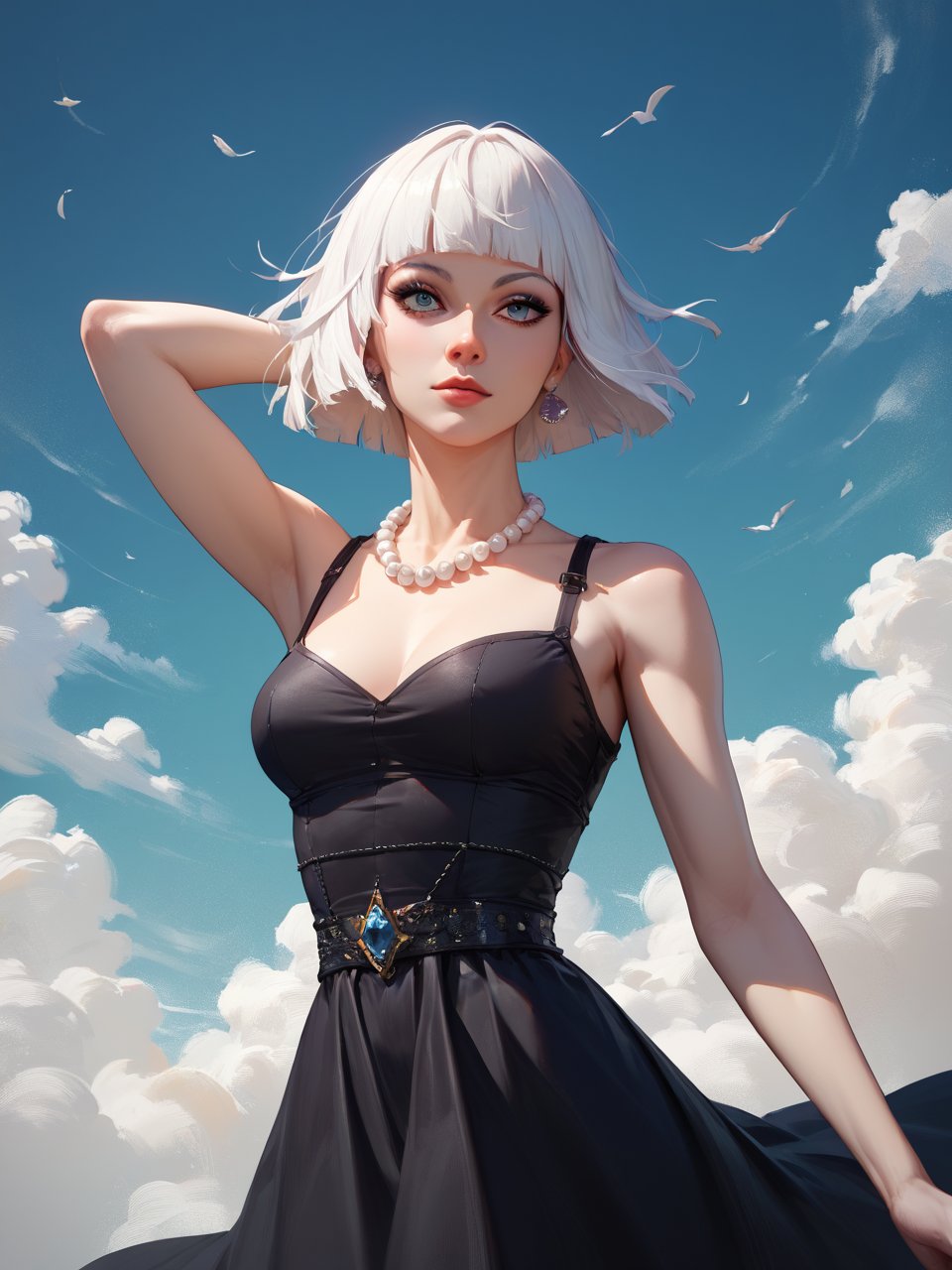 score_9,score_8_up,score_7_up,1girl,solo,cowboy shot,white hair,short hair,hime cut,Charming lady in a black dress and pearl beads,embodying beautiful surreal minimalism,an ephemeral figure in relaxing pose,