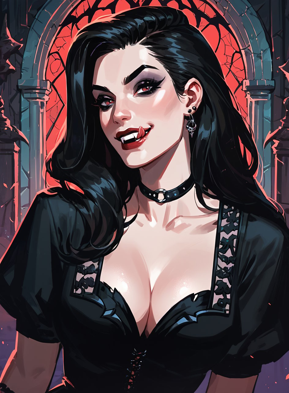 score_9, score_8_up, score_7_up, 1girl, sci-fi, otherworldly, haunted house, <lora:classcompxl:0.8>, classcompxl, vampire, licking lips, pale skin, dark makeup, low cut black dress, black hair, small fangs, long hair, upper body,femme fetale, cleavage,  