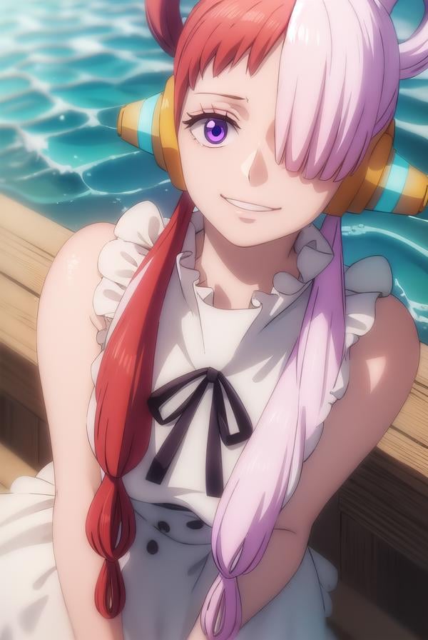 onepieceuta, <lora:uta red movie-lora-nochekaiser:1>,uta, long hair, (purple eyes:1.1), white hair, red hair, multicolored hair, (hair over one eye:1.5), two-tone hair, split-color hair, hair rings, sidelocks, smile, grin,BREAK dress, ribbon, jewelry, white dress, headphones,BREAK outdoors, ocean,  boat,BREAK looking at viewer, (cowboy shot:1.5),BREAK <lyco:GoodHands-beta2:1>, (masterpiece:1.2), best quality, high resolution, unity 8k wallpaper, (illustration:0.8), (beautiful detailed eyes:1.6), extremely detailed face, perfect lighting, extremely detailed CG, (perfect hands, perfect anatomy),