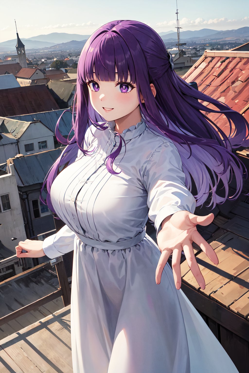 masterpiece, best quality, highres, aafern, long hair, purple hair, blunt bangs, purple eyes, large breasts, long dress, white dress, white sleeves, <lora:fern_(sousou_no_frieren)_v1:0.7>, standing, cowboy shot, reaching out, rooftop, town, smile, wind