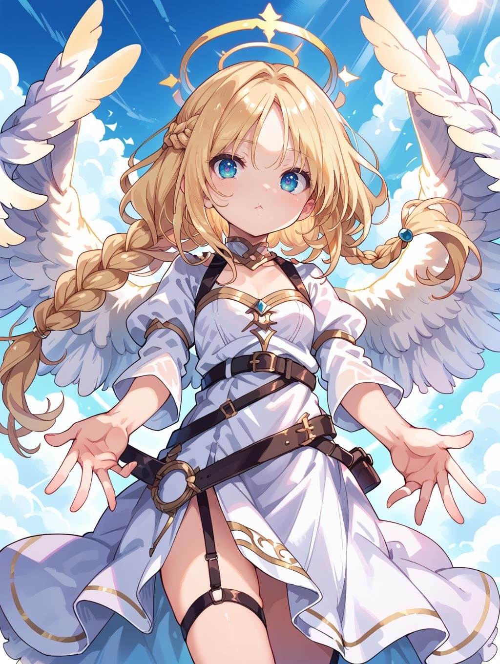 score_9, score_8_up, score_7_up,1 girl, Goddess, angel, dress, angel wings, halo, cloud background, hand outstretched to viewer, belt straps blonde hair, braided hair, god rays, sunlight,