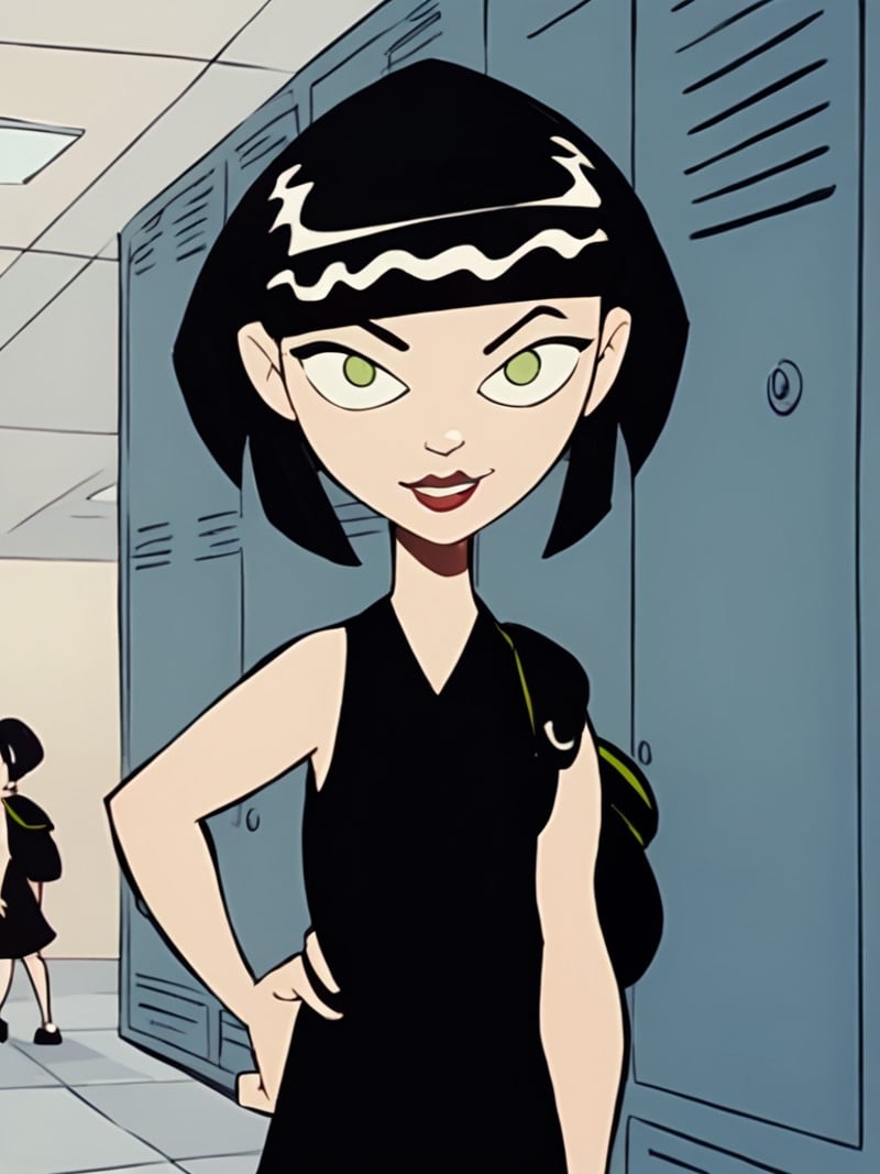 <lora:IngridPony1.0:1.0> ingridthird, 1girl, black hair, solo, short hair, green eyes, black dress,smile,backpack,   sleeveless, makeup,hand on own hip, looking at viewer,  lipstick, bob cut, locker,school,cowboy shot,  score_9, score_8_up, score_7_up, score_6_up