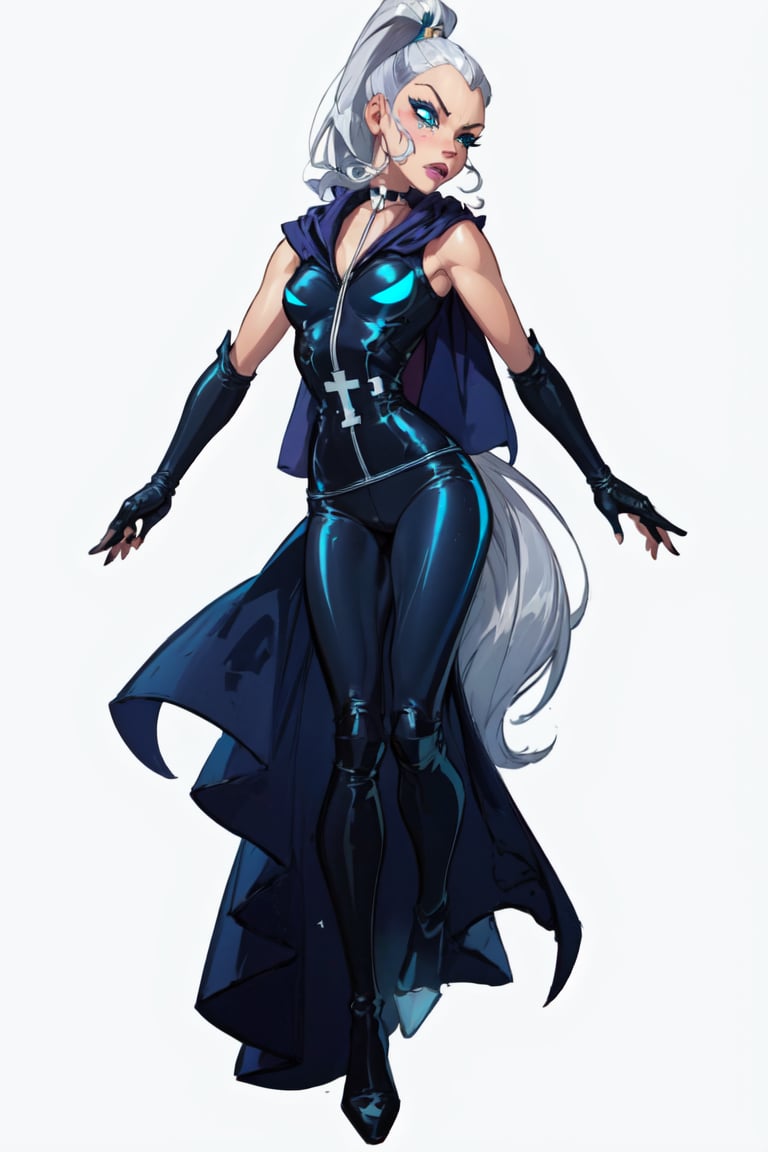 (Icy), blue eyes, white hair, ponytail, very long hair, eyeshadow, (WitchOutfit), sleeveless, blue bodysuit, knee boots, gloves, (long blue cape), (white background, solid white background:1.5), (realistic:1.2), (masterpiece:1.2), (full-body-shot:1),(Cowboy-shot:1.2), neon lighting, dark romantic lighting, (highly detailed:1.2),(detailed face:1.2), (gradients), colorful, detailed eyes, (detailed landscape:1.2), (natural lighting:1.2), close shot, solo, <lora:WinxClubIcy-10:0.9> <lora:add_detail:0.3> <lora:BeautifulEyes:0.6>