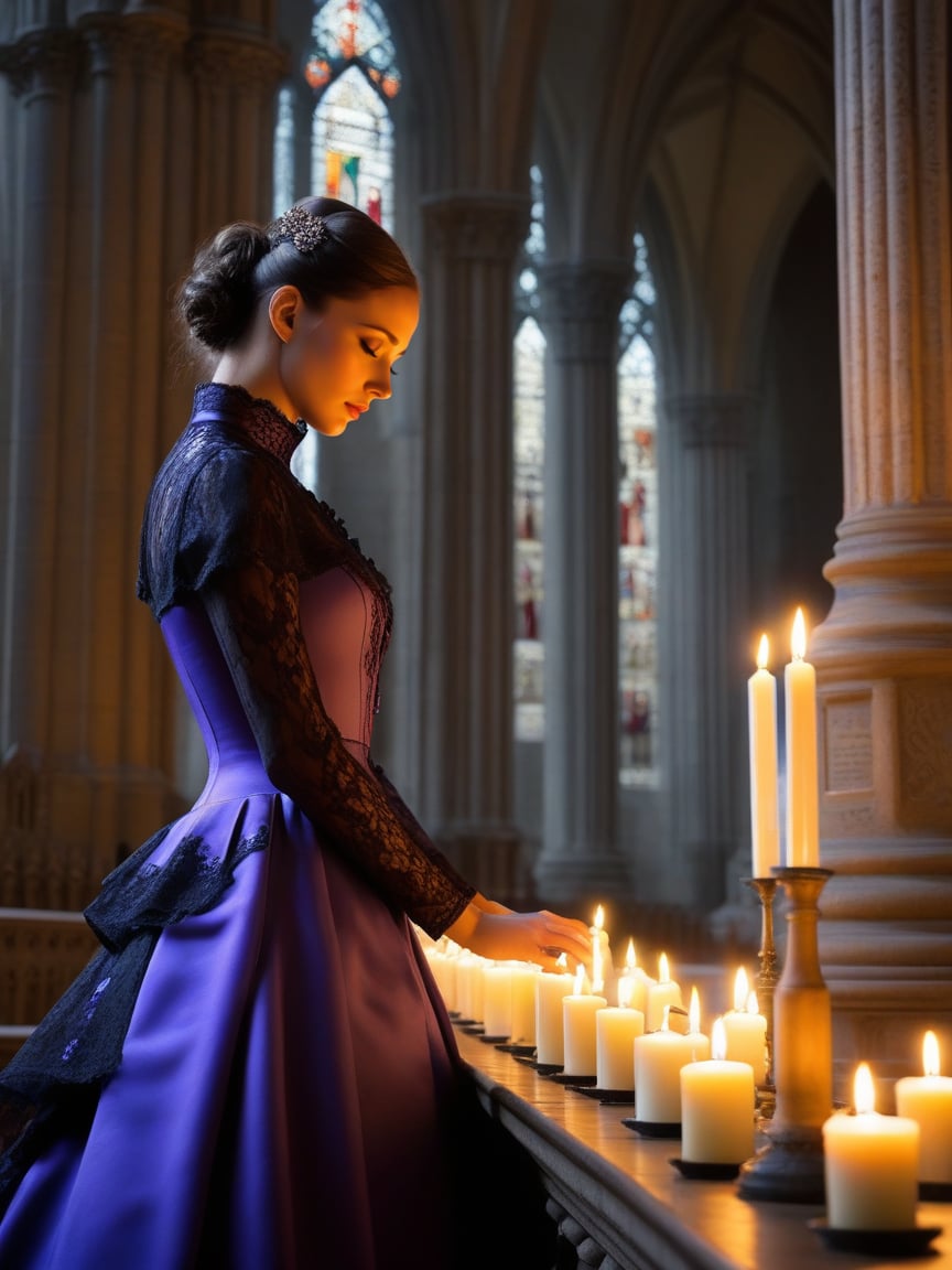 breathtaking woman wearing a purple (victorian dress), <lora:victorian_dress-XL-2.0:1>candles, cathedral, stone pillar, praying, black lace, satin . award-winning, professional, highly detailed