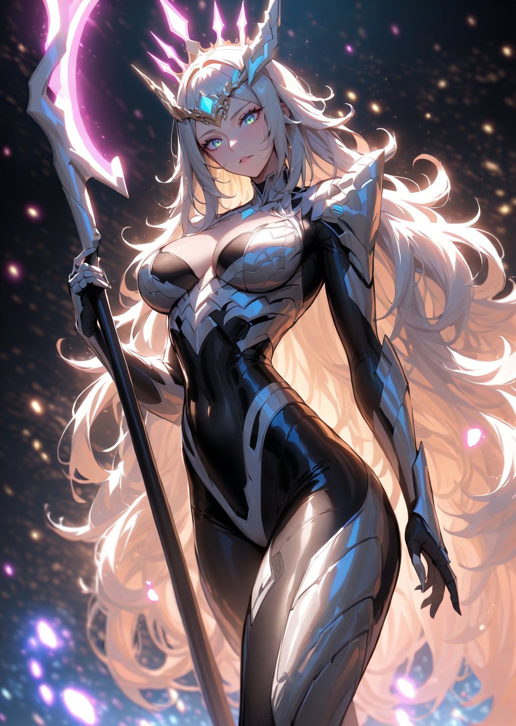 masterpiece,best quality,very aesthetic,absurdres cinematic lighting minimalism 1girl,aged up Fierce female warrior in cybernetic neon-armored suit with a radiant digital crown atop her head and an elegant glowing keyboard staff,exuding power amidst glowing particles,Show less,