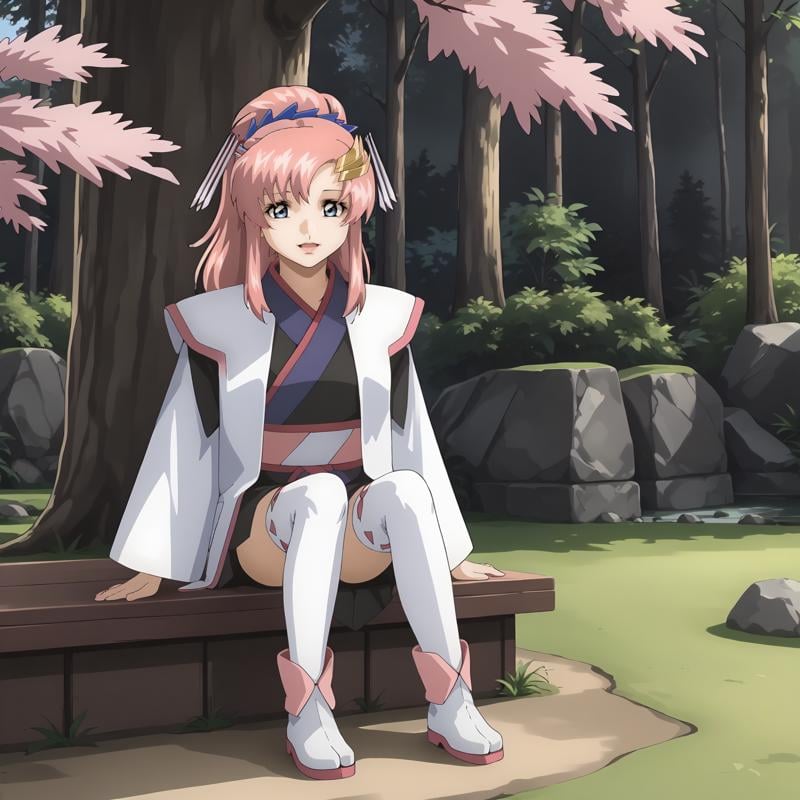 <lora:LacusClyneXLpony002>,smile,looking at viewer,open mouth,solo,LacusClyne,1girl,pink hair,ponytail,blue eyes,hair ornament,white haori,kimono,long_sleeves,mini skirt,thighhighs,ankle_boots,outdoors,nature,full body,sitting,