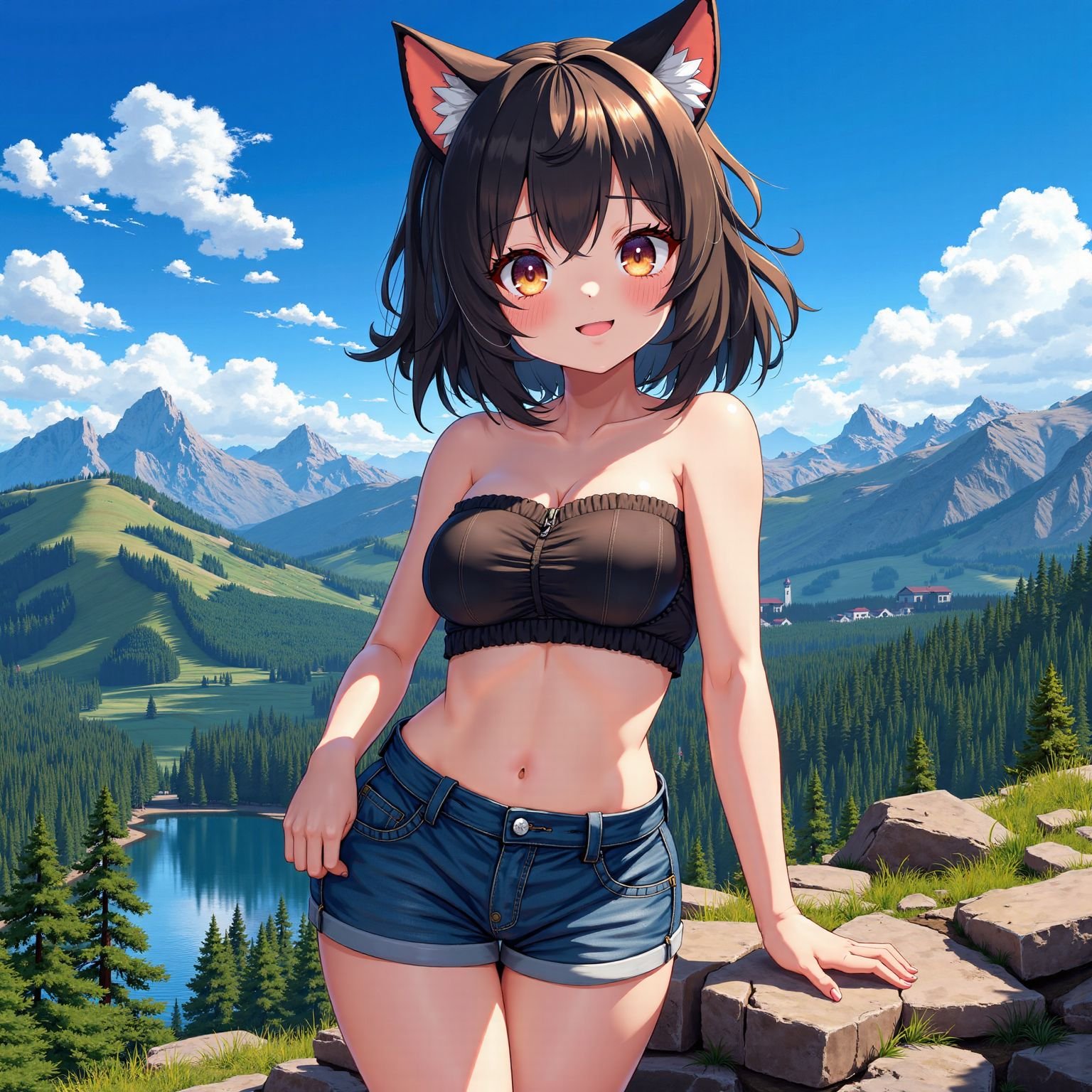 1girl,smile,cat ears,tube top,denim shorts,mountainous horizon, 