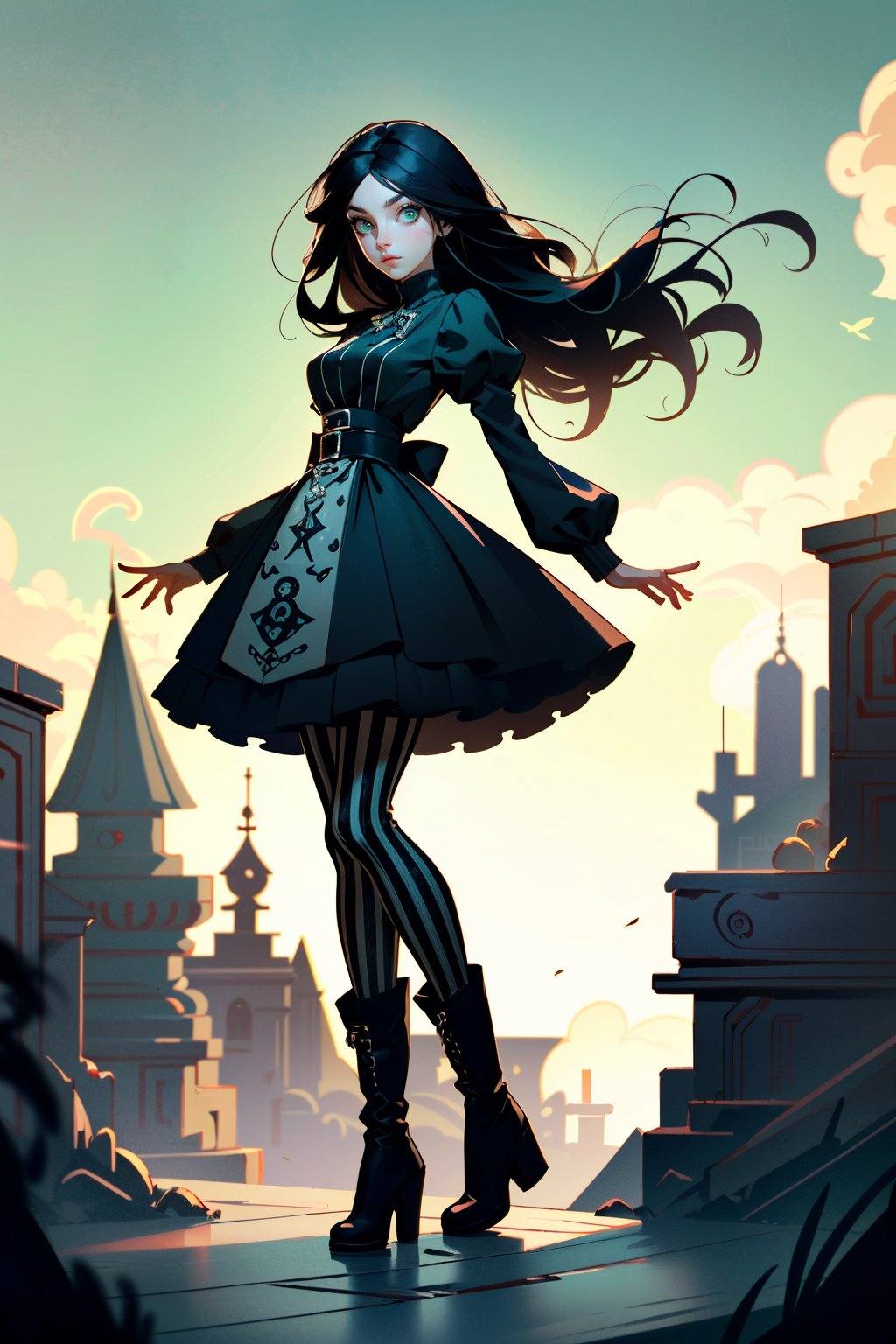 ((ultra detailed, masterpiece, best quality))<lora:AliceMadness:0.8>AliceMadness, 1girl, solo, long hair, black hair, green eyes, striped pantyhose, boots, blue dress 