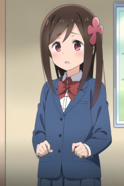 (masterpiece),hitori bocchi, brown hair, long hair, pink eyes, 1girl, school uniform, solo, bow, hair ornament, jacket, red bow, flower, hair flower, shirt, bowtie