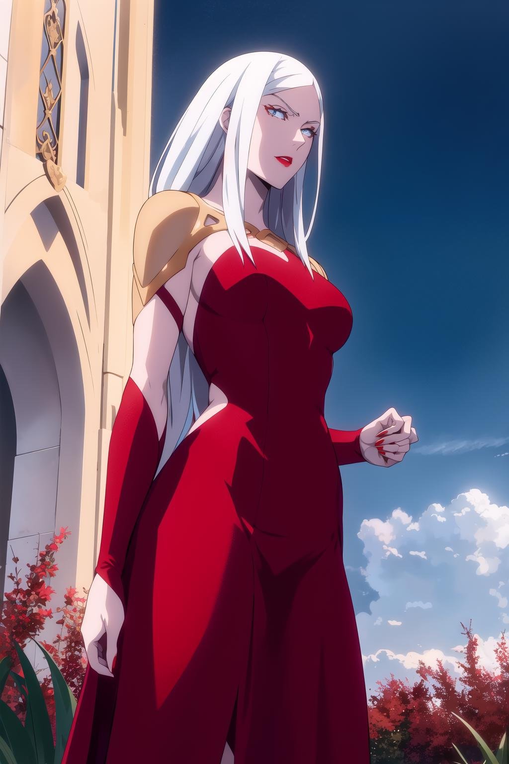 carmilla <lora:carmilla_castlevania:0.8>, medium breasts, red dress, white hair, beautiful face, blue eyes, (masterpiece:1.2), best quality, absurdres, highres, extremely detailed wallpaper, perfect lighting, outdoors, grass, field, night sky, from below,