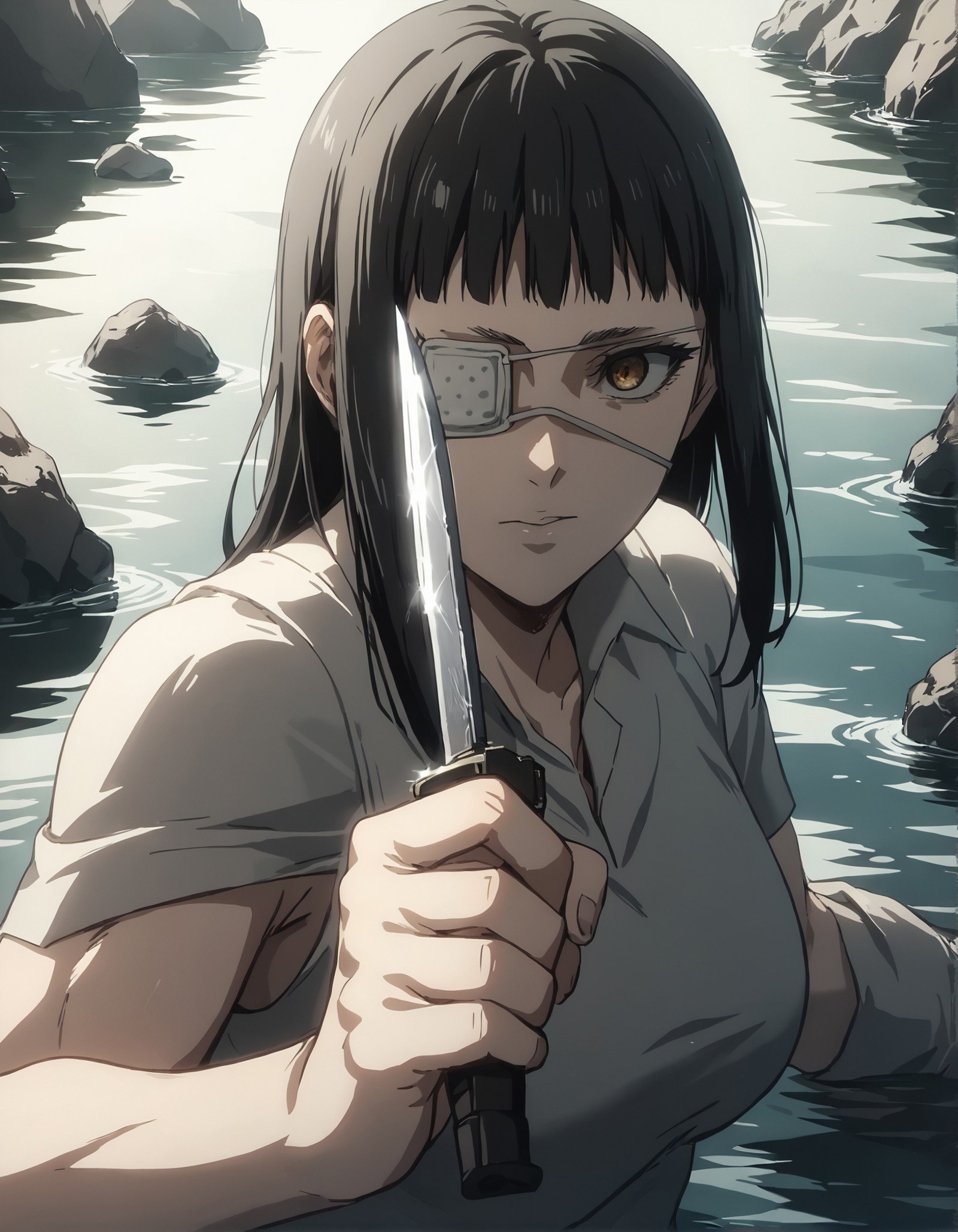 score_9, score_8_up, score_7_up,score_6_up,high resolution,source_anime,s0fiavalm3t,1girl,eyepatch,black hair,long hair,,water,rocks,volumetric lighting,rim lighting,dof,dramatic shadow,close-up,dynamic pose,looking at viewer,pov,holding knife,fighting stance