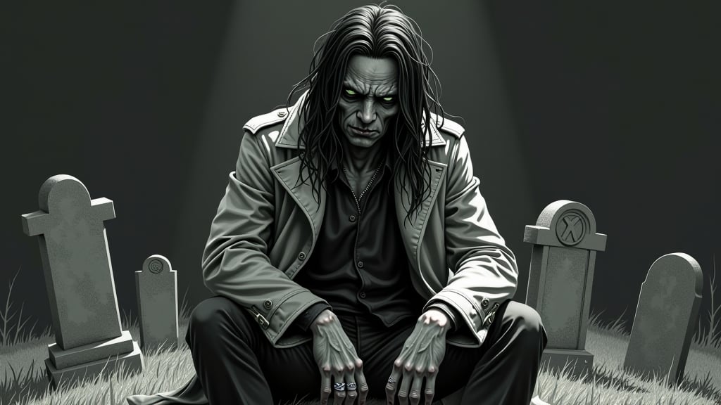 A highly detailed  drawing pf horror zombie in a cemetery. He's sitting on a tombstone looking at the camera with pain, long wet hair.  trench coat, Black and white , dark shadows, dark background, green eyes