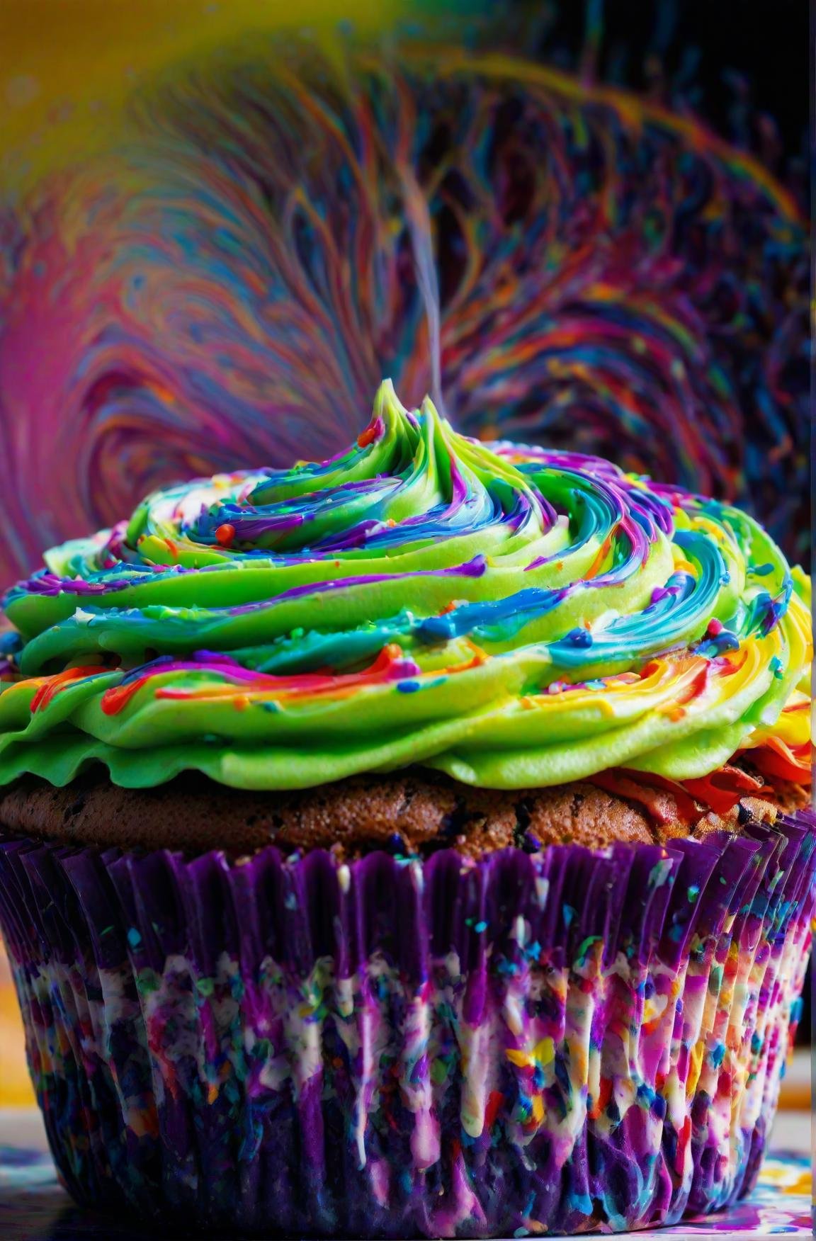 a highly detailed close up photograph of a psychedelic cupcake