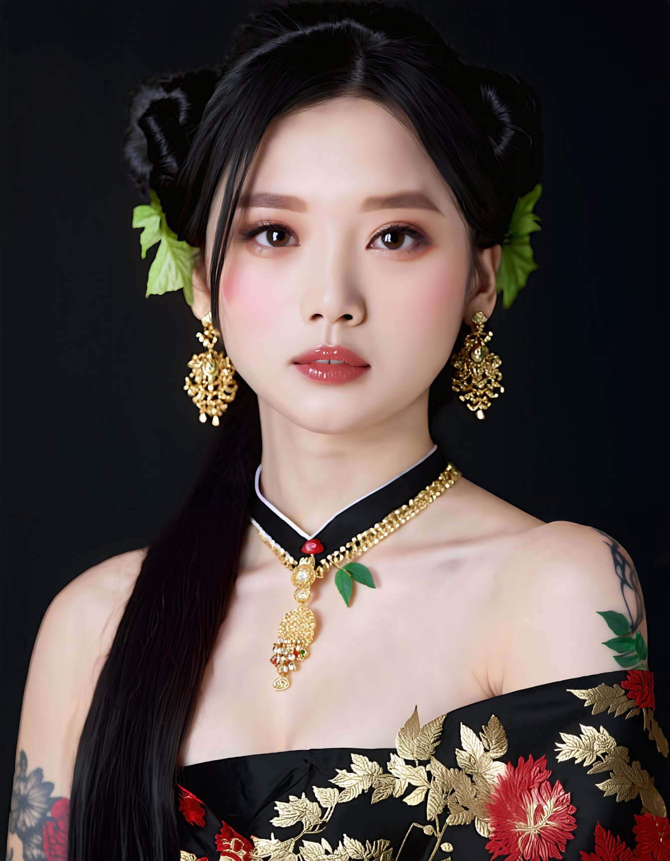 best quality,4k,8k,highres,masterpiece,ultra-detailed, woman, long hair, looking at viewer, black hair, jewelry, brown eyes, upper body, earrings, hair bun, from side, lips, tattoo, double bun, makeup, leaf, chinese clothes, black background, eyeshadow, realistic, SD3_cartoon_ep10.safetensors