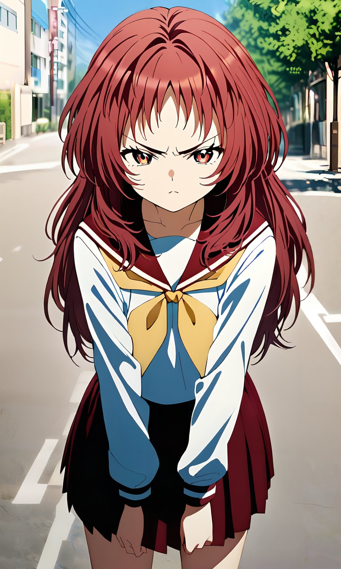 (masterpiece), (best quality), highres, general, (intricate details, very aesthetic), good hands, 1girl, <lora:ai_mie_AnimagineV1:1>, miewz, red eyes, red hair, long hair, serafuku, sailor collar, yellow neckerchief, white shirt, school uniform, red skirt, pleated skirt, leaning forward, v-shaped eyebrows, serious, street, nature, day, blue sky, light rays, cowboy shot, <lora:sd_xl_dpo_lora_v1:1>