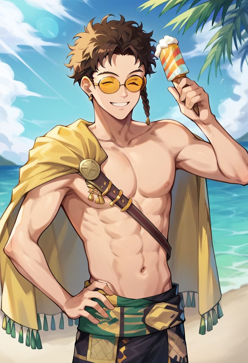 score_9, score_8_up, score_7_up, claudefe, claudewinter, claudefe, claudesummer, 1boy, solo, brown hair, short hair, curly hair, braid, golden round sunglasses, shirtless, male swimwear, holding ice cone, wink, portrait, looking at viewer, beach, palm tree, cowboy shot