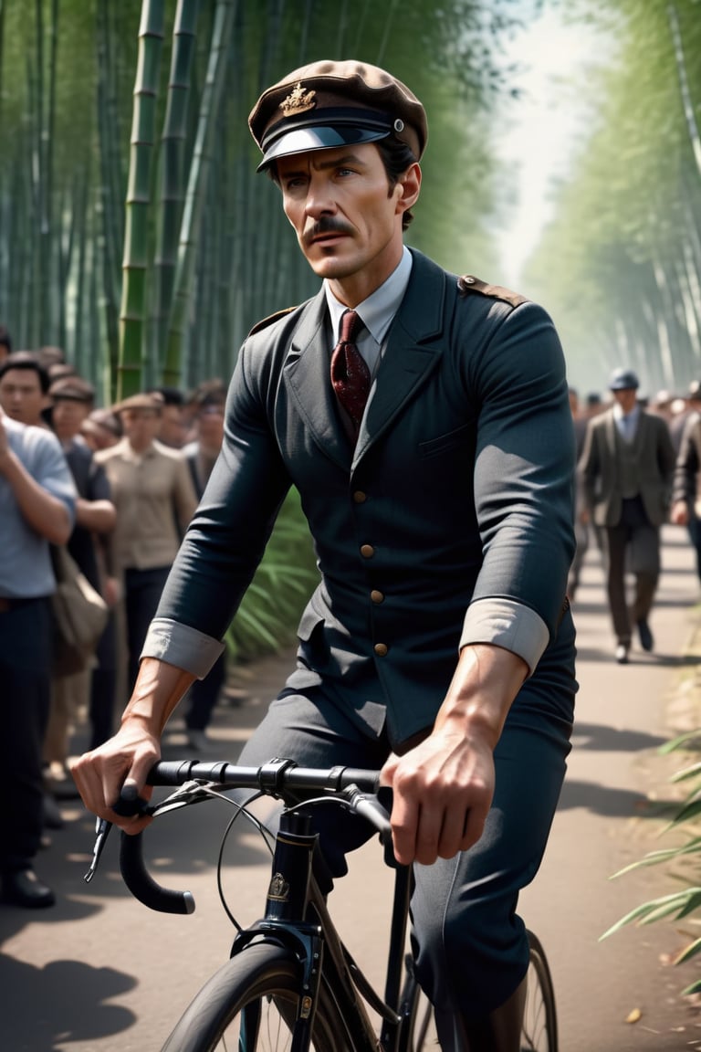 masterpiece of photorealism, photorealistic highly detailed professional 8k raw photography, best hyperrealistic quality, volumetric real-time lighting and shadows, Long Take Shot, Male Pilot, Cyclist's Body Shape, Sherlock Holmes Detective Outfit, Quiff, Flexing Muscles, Bamboo Forests, background full of busy people