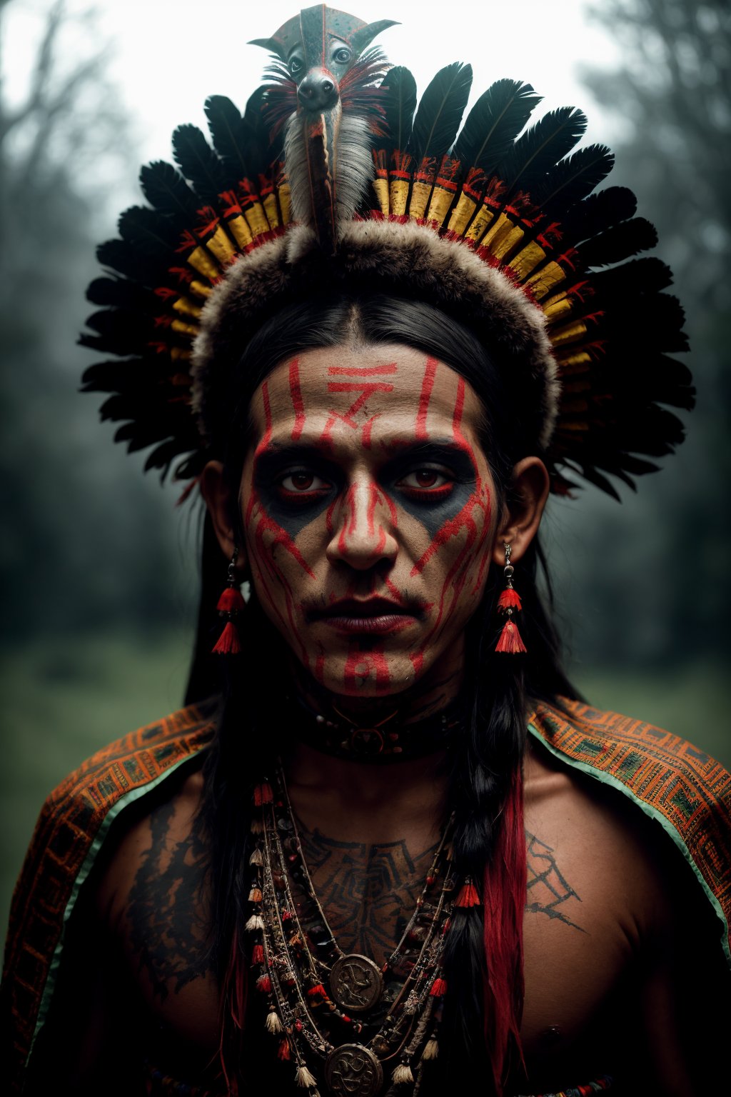 Medium format film photography, (Sinister Aztec demon shaman zombie:1.2), Dynamic composition, Gruesome face paint, Elaborate headdress, (Tattered garments:1.3), Glowing red eyes, Mystic aura, (Dark ritual setting:1.2), Captured with a Hasselblad 500C/M, 80mm f/2.8 lens, Enigmatic shadows, Eerie atmosphere, Cinematic details