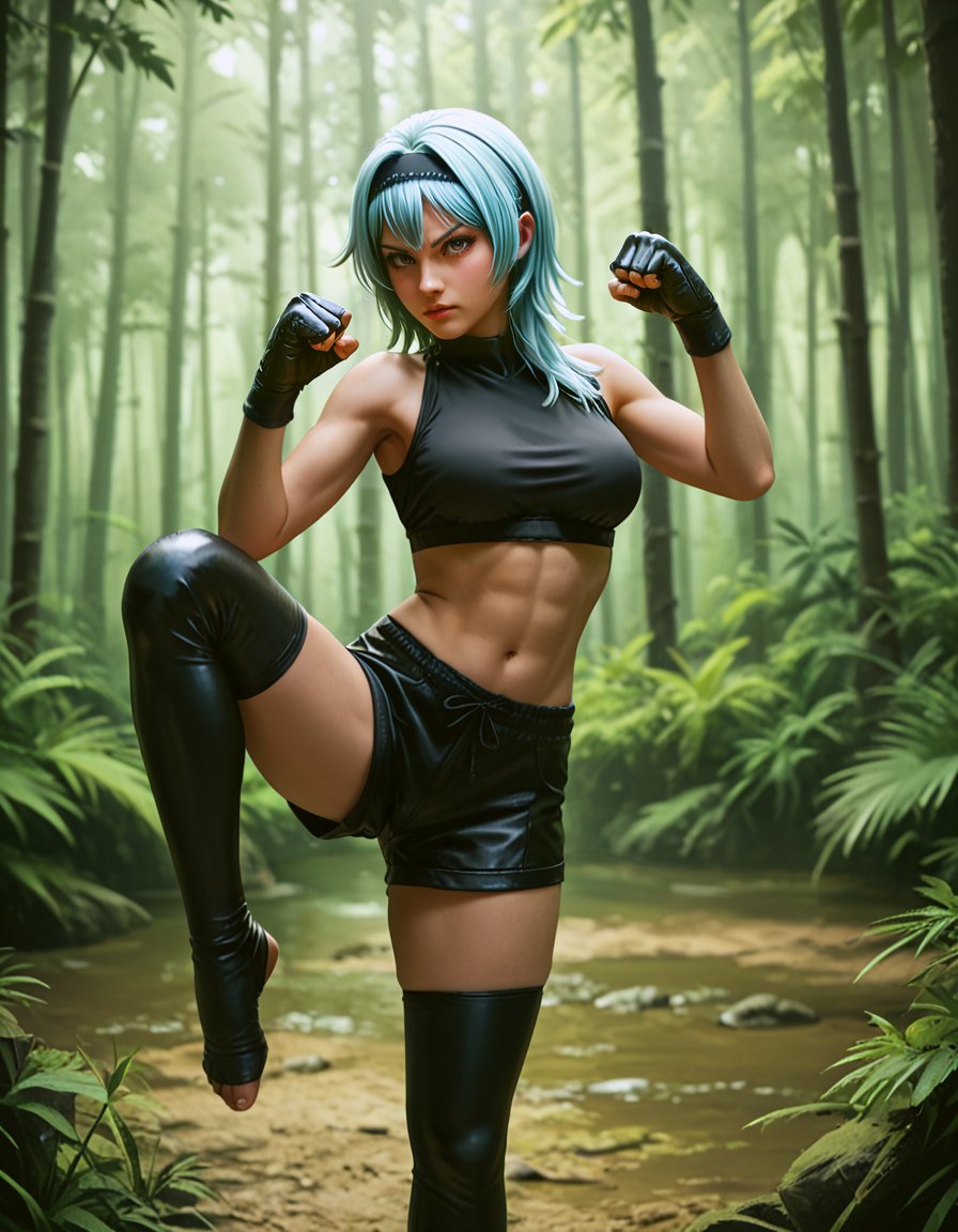 score_9, score_8_up, score_7_up,source_anime,eula,teep fighting stance,martial arts,facing viewer,bamboo forest background,black leather thighhighs, short shorts,black gloves, <lora:muay_thai_teep:0.9>