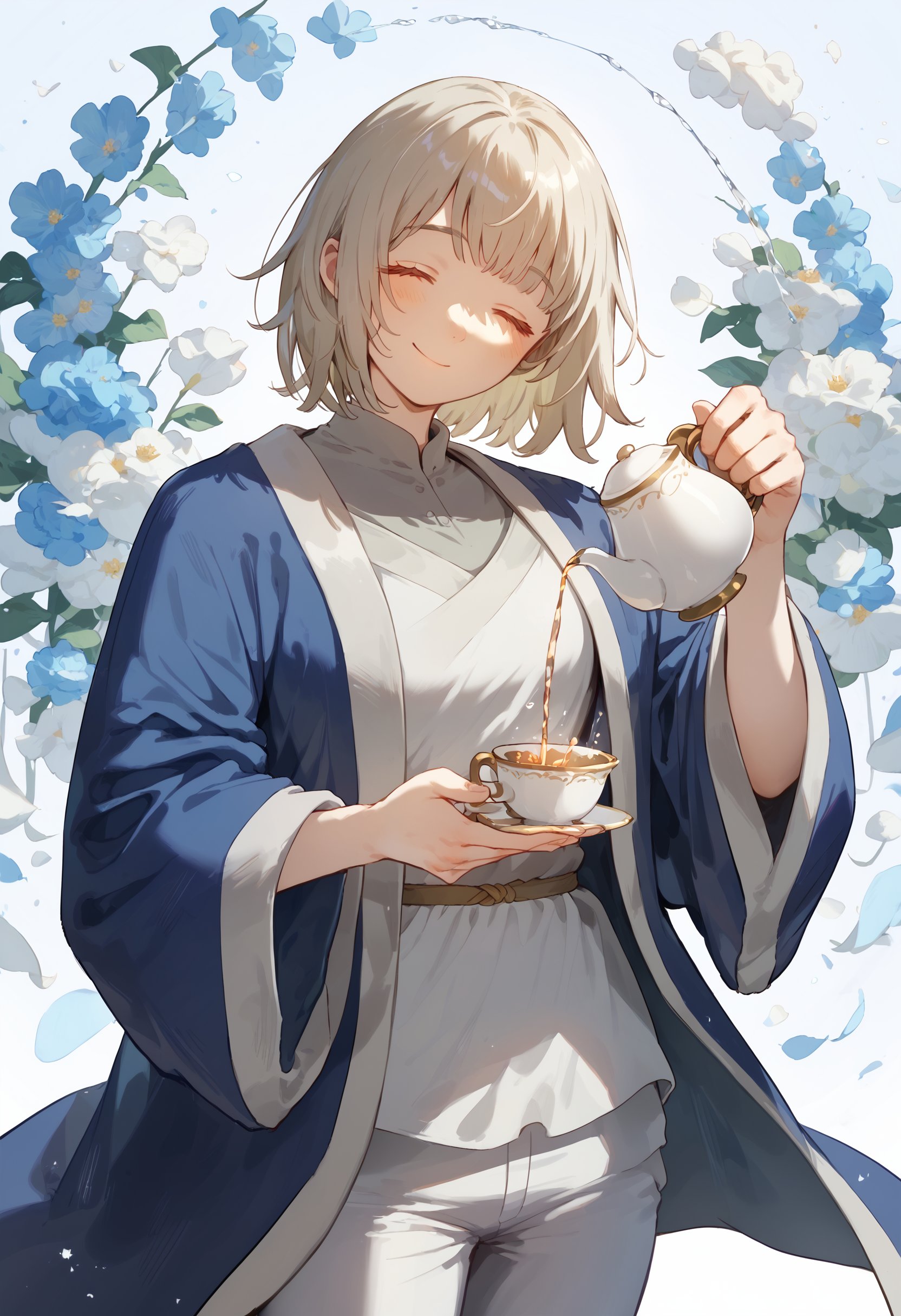 score_9, score_8_up, score_7_up, 1girl, pouring, holding cup, holding teapot, falin, blue jacket shirt robe white pants wide sleeves, looking at viewer, smile, closed eyes<lora:holding_teapot_pouring_3_final_d32:1><lora:falin_marcille_pony_d16:1>