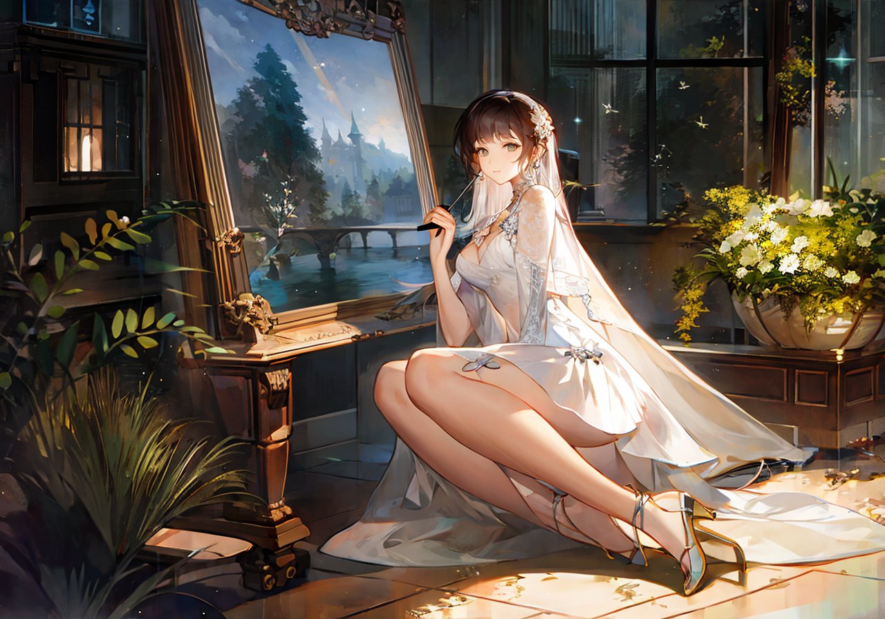 (masterpiece, best quality,top quality),full body,1girl,looking_at_viewer,white dress,sitting,plant,chinese,Tindal effect,particle effects,impressionist art,