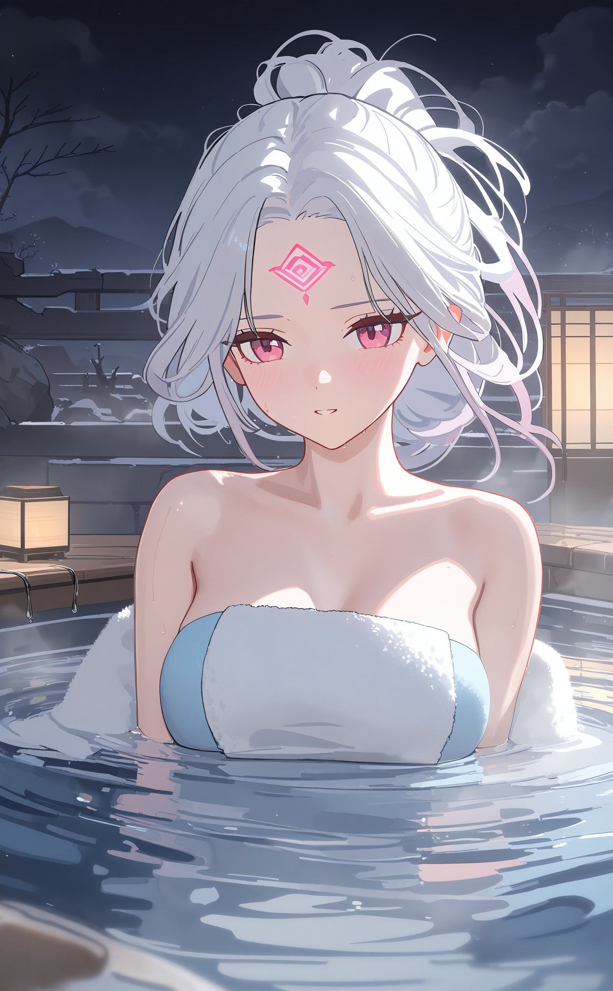 render,technology, (best quality) (masterpiece), (highly in detailed), 4K,Official art, unit 8 k wallpaper, ultra detailed, masterpiece, best quality, extremely detailed,CG, line art, Chinese elements, close-up of head and face, 1 girl bathing in the pool,white hair,blue-pink towel, shoulders exposed to the water surface, (wrapped in a towel: 1.2),Forehead gemstone, (hot spring), Breasts,lantern, night,smoke,Explosive dust,leer,Dynamic hair, PVC, [artist:ningen_mame], ciloranko, [sho_(sho_lwlw)],[artist:wlop], [[poharo]], [[artist:chen_bin]], artist:wlop,[[[[as109]]]],year 2023,