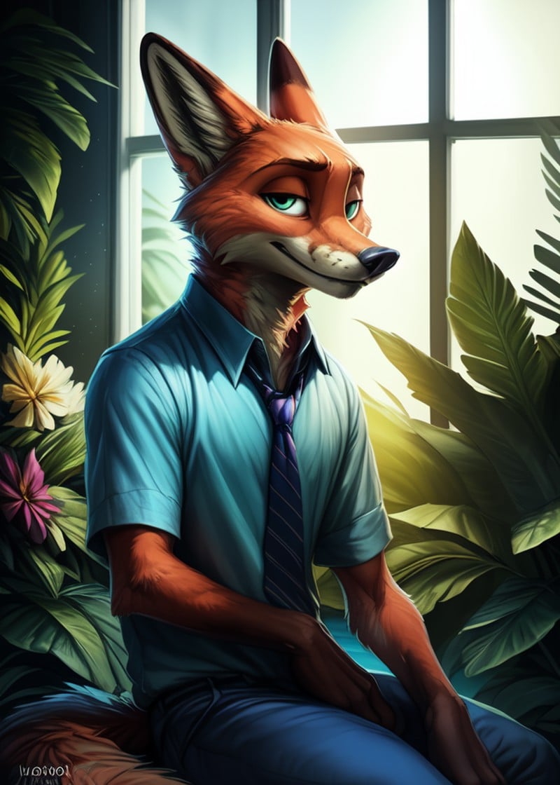 by Homogenousrule, by Wildering, by Foxovh, by Catcouch,solo (nick wilde) blue shirt, hawaii floral shirt, blue pants, tie,(sitting, half-length portrait, three-quarter view, looking at viewer),(light room, white window, plant, flower, water, sunlight, glowing white light:1.25)