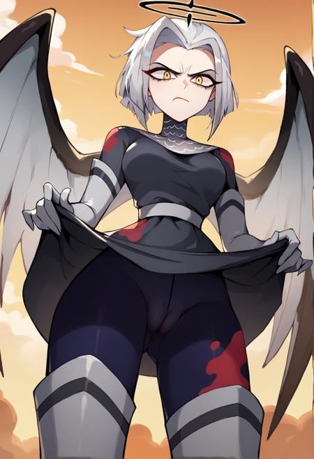 1girl, <lora:lute_hazbin_hotel_ponyxl_v1:0.9>, lute, solo, standing, wings, elbow gloves, grey dress, chainmail collar, purple pantyhose, white sash, thigh boots, black halo, blood on clothes, skirt lift, yellow sky, cloudy sky, white wings, from below, cameltoe, disgust, half-closed eyes, no panties, covered pussy,BREAKscore_9, score_8_up, score_7_up, score_6_up, uncensored