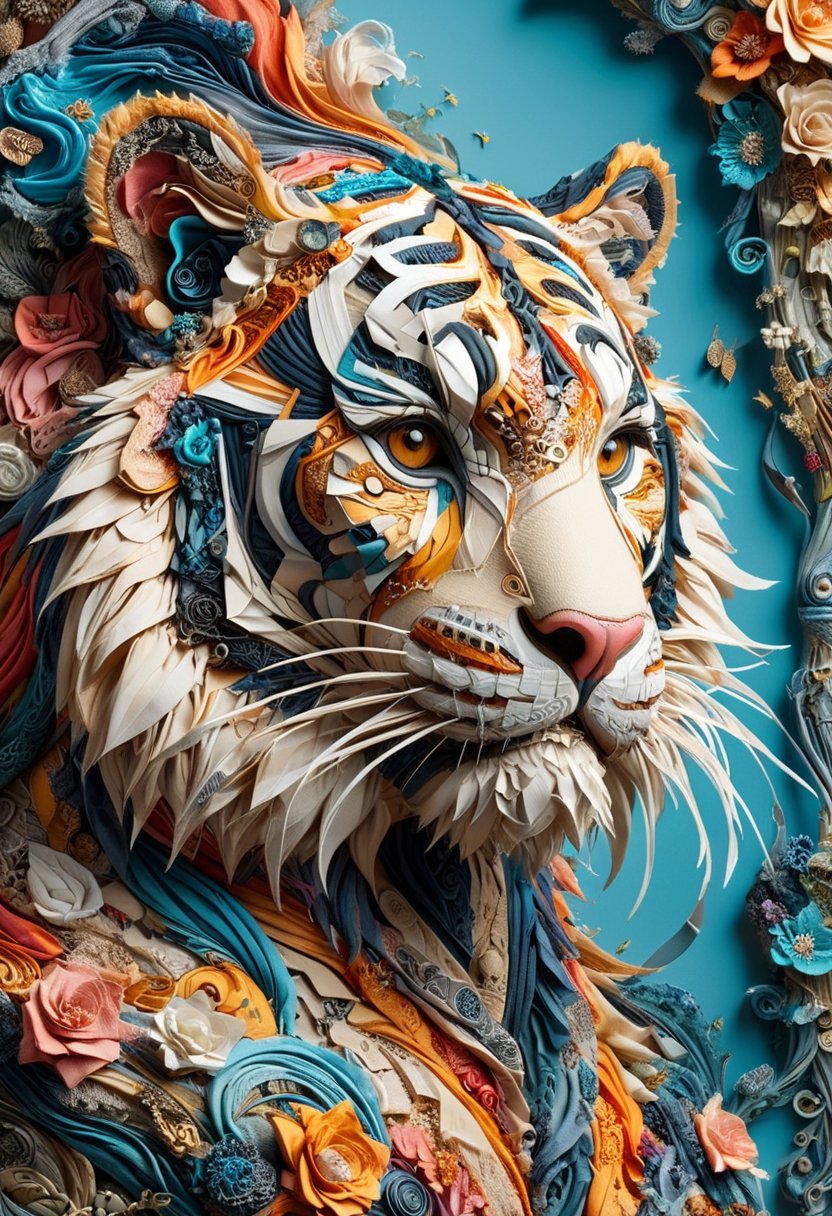 whimsical fairy tale elements, (Tiger: 1.1), intricate details, ultra sharp, Exquisite detail, flawless composition, vivid colors, masterpiece,  <lora:Scraps_of_Fabric:0.8> fabric