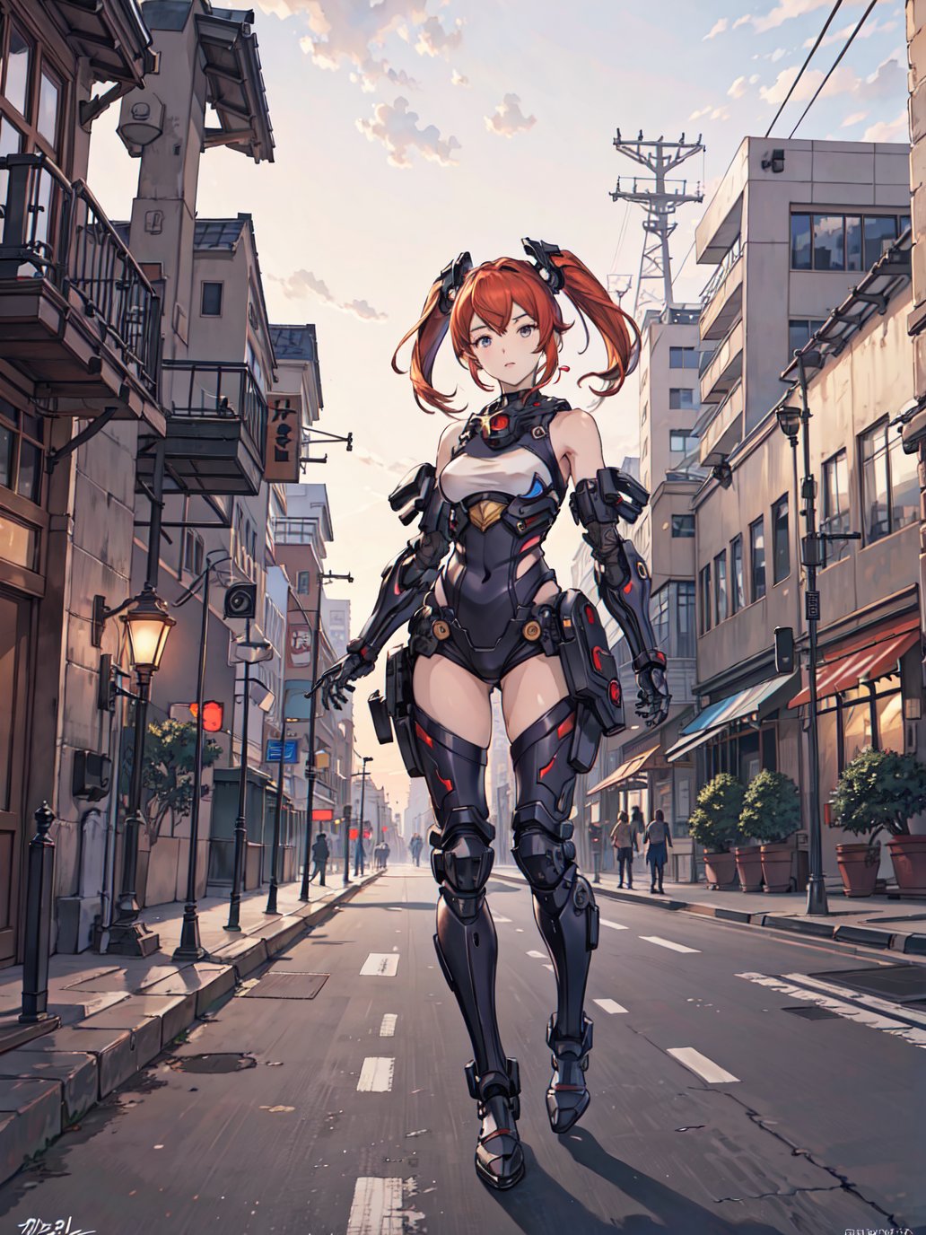 high_resolution,best quality,detailed background,girl,mechanical arms, sunset, cityscape, street