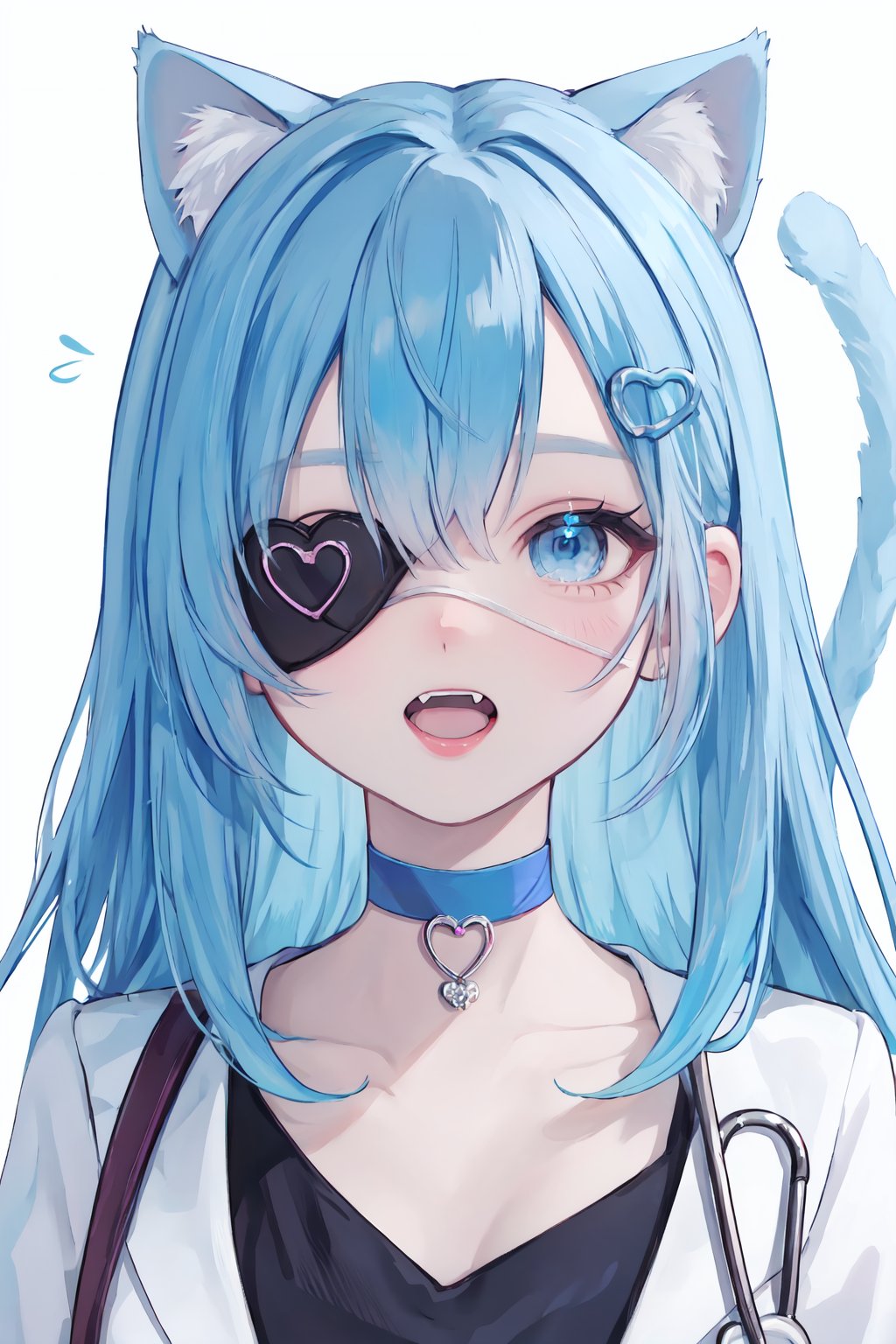 eyepatch, 1girl, blue eyes, heart, blue hair, choker, hair ornament, blue choker, open mouth, heart hair ornament, looking at viewer, solo, bangs, medical eyepatch, cat, fang, multicolored hair, bow, to-style, beautiful eyes<lora:to-vv2-tga-000060:0.5>,to-style,beautiful eyes,