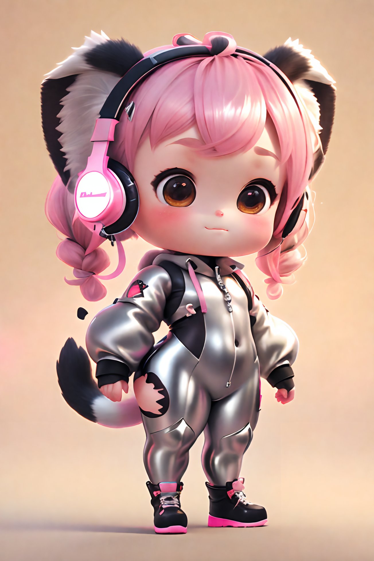 masterpiece, best quality, 8k, cinematic light, ultra high res, chibi, 1girl, alice \, (nikke\), pink bodysuit, animal ear headphones, shiny clothes, twintails, latex bodysuit, 