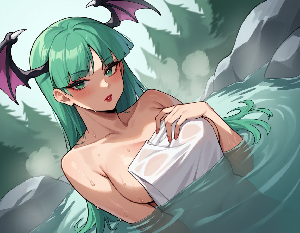 score_9, score_8_up, score_7_up, source_anime, morriganaensland, <lora:morrigan-aensland-ponyxl-lora-nochekaiser:1>, morrigan aensland, green eyes, green hair, head wings, lipstick, long hair, makeup, pale skin,, nude, naked, outdoors, onsen, towel, naked towel, steam, bathing, nude cover, partially submerged, water, bath, steam censor, wet towel, blush, looking at viewer, solo, cowboy shot, dutch angle