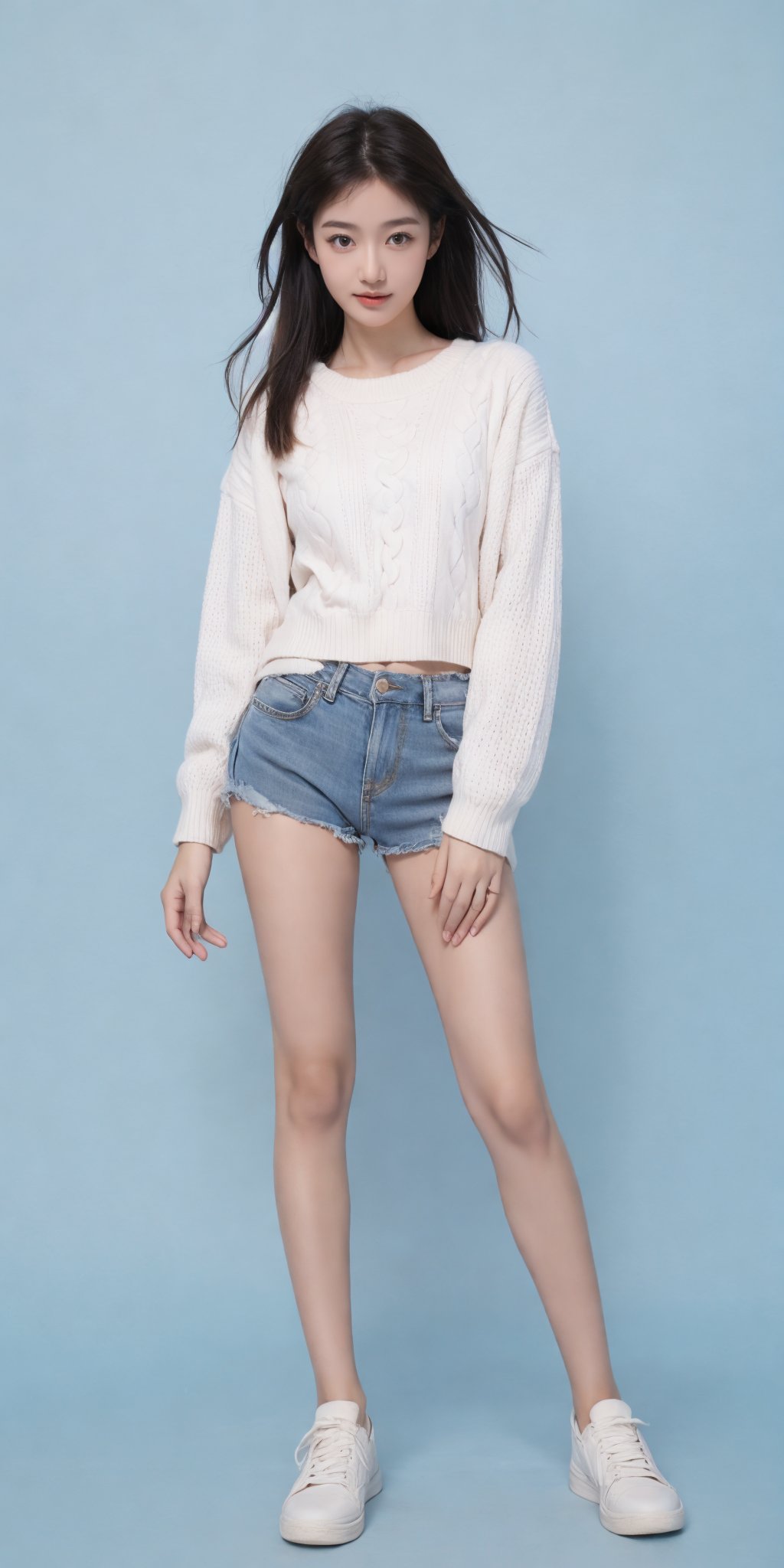 1girl,(standing:1.3),(denim_shorts:1.2),(blue background:1.3),(white sweater:1.2),white sneaker,long hair,