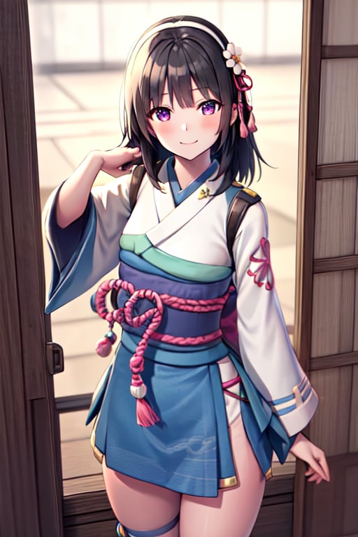 sf2-sakura-a, japanese clothing, flower hairband, 1girl, solo,smile, blush