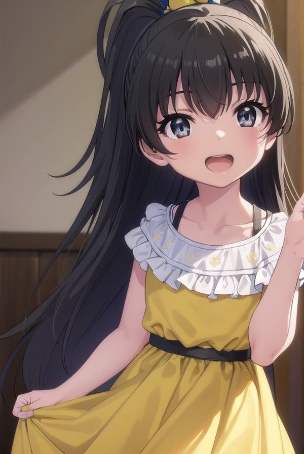 hinatakanashi, <lora:hina takanashi s1-lora-nochekaiser:1>,hina takanashi, long hair, black hair, (black eyes:1.3), ponytail, antenna hair, child, smile, open mouth,BREAK dress, yellow dress, short sleeves,BREAK indoors,BREAK looking at viewer, (cowboy shot:1.5),BREAK <lyco:GoodHands-beta2:1>, (masterpiece:1.2), best quality, high resolution, unity 8k wallpaper, (illustration:0.8), (beautiful detailed eyes:1.6), extremely detailed face, perfect lighting, extremely detailed CG, (perfect hands, perfect anatomy), 