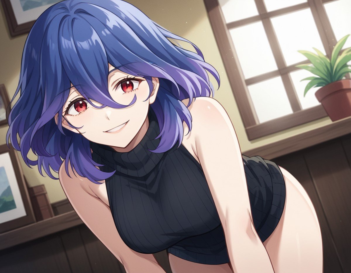 score_9, score_8_up, score_7_up, source_anime,vermeil, <lora:vermeil-s1-ponyxl-lora-nochekaiser:1>,vermeil, red eyes, hair between eyes, blue hair, purple hair, multicolored hair, medium hair,sweater, bare shoulders, sleeveless, turtleneck, black sweater, thighs,indoors, bent over, smile,looking at viewer, cowboy shot, solo, dutch angle,