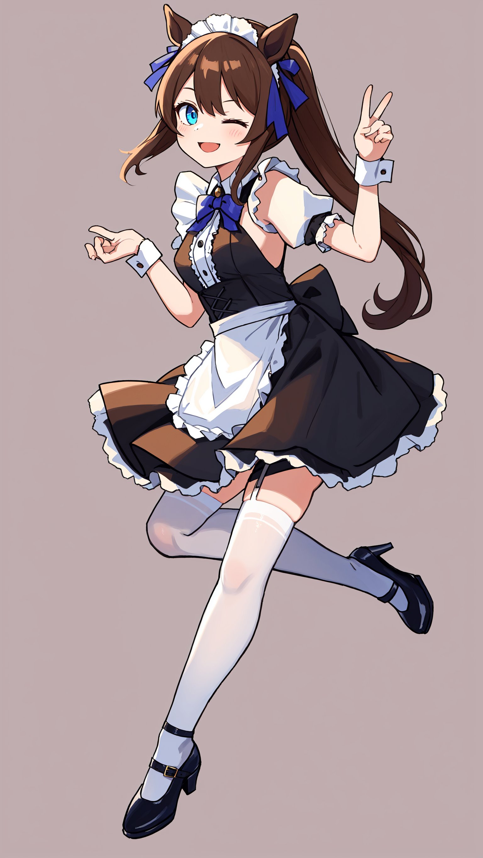 1girl, tokai_teio_(umamusume), maid, solo, smile, one_eye_closed, blue_eyes, long_hair, brown_hair, streaked_hair, horse_ears, horse_tail, wrist_cuffs, maid_apron, maid_headdress, apron, black_skirt, skirt small_breasts, arm_garter, frills, center_frills, high_heels, white_legwear, index_finger_raised, full_body, simple_background,best quality,amazing quality,very aesthetic,absurdres,