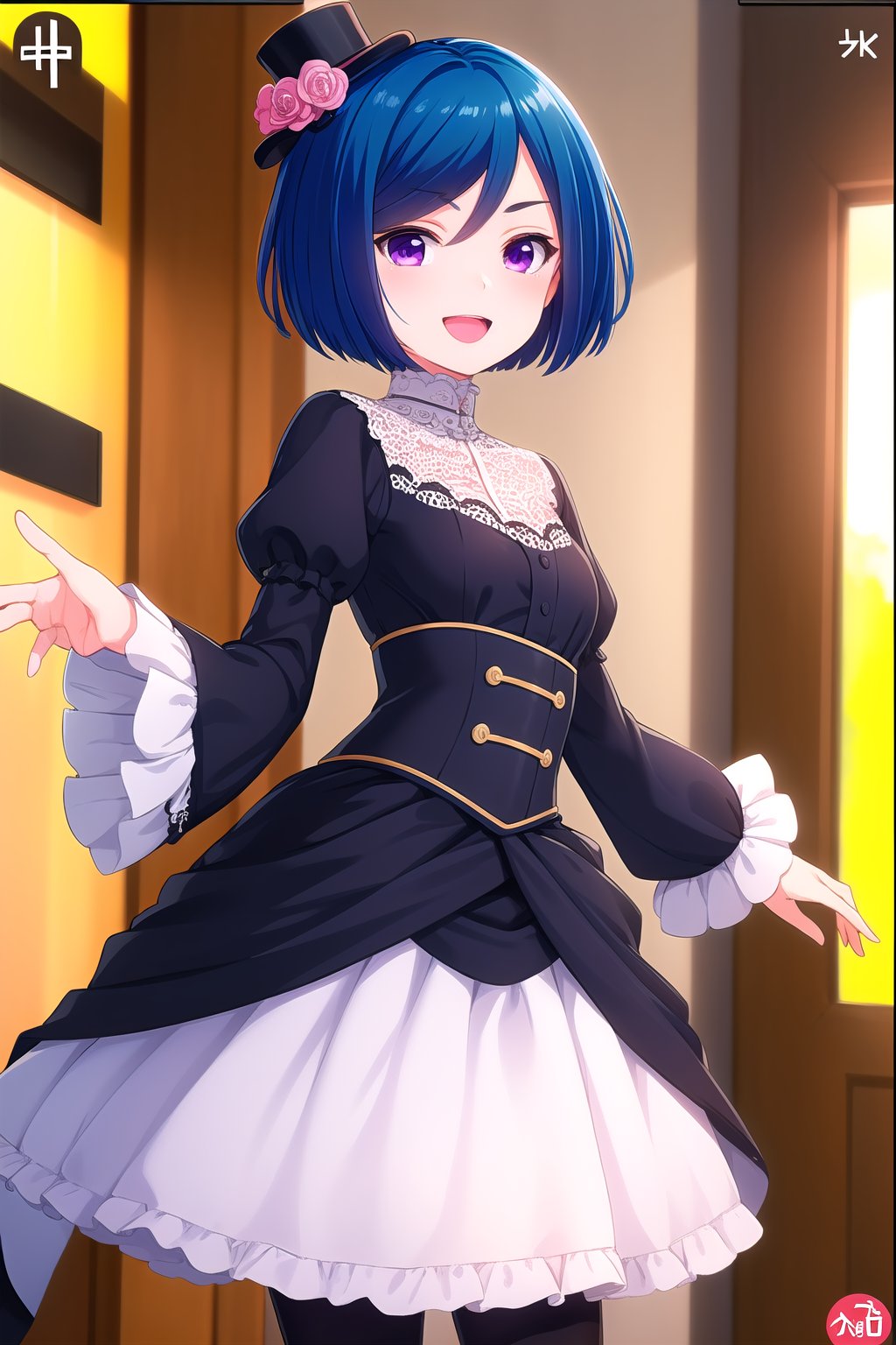 (masterpiece, best quality), highly detailed background, perfect lightingbest quality, akasegawamaki, solo, indoors, mini top hat, black headwear, blue hair, swept bangs, bob cut, short hair, purple eyes, small breasts, black dress, frilled dress, lace, corset, puffy long sleeves, juliet sleeves, frilled sleeves, floral print, vertical-striped pantyhose, smile, open mouth, :d, pink lips, <lora:Akasegawa-Maki-2-10:0.7>