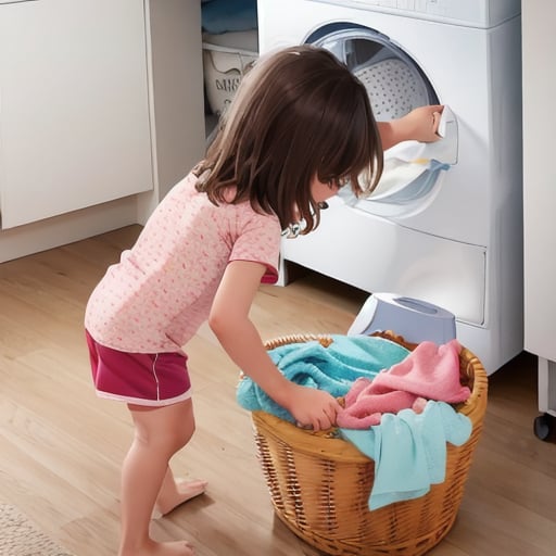 <lora:F916979197:0.75> A little girl, about 5-years-old, brown hair, wearing pyjama shorts, helping her mother with the laundry, laundry basket full of clothes