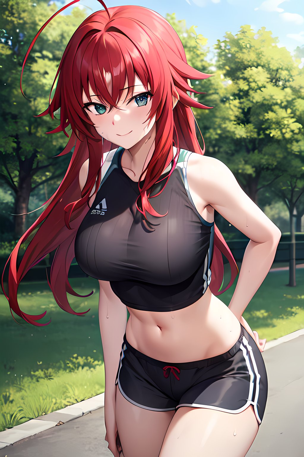 masterpiece, absurdres , (intricate details), (colorful),cinematic lighting,bust shot,extremely detailed CG unity 8k wallpaper, looking at viewer, seductive smile, <lora:riasHSDXD-051:1>riasgremory, ahoge, sports bra,shorts, sportswear,sweat, outdoors, park, sunlight, looking at viewer, standing, sweat