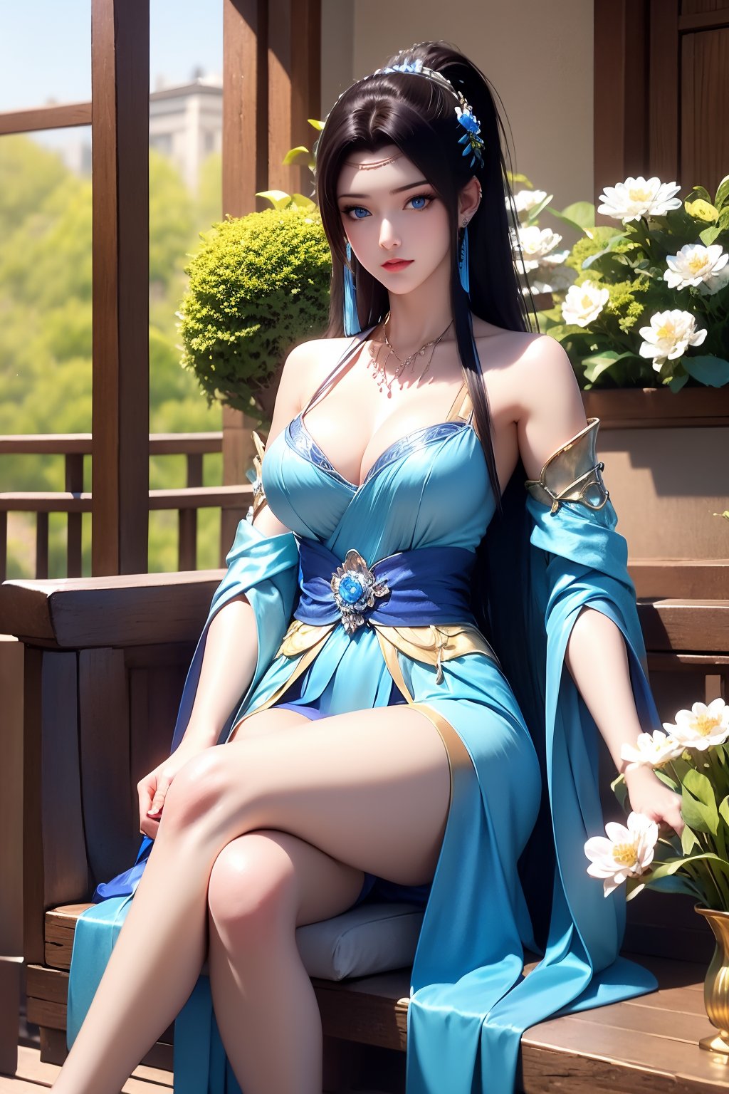 1girl, jewelry, solo, sitting, black hair, breasts, blue eyes, vase, crossed legs, long hair, hair ornament, earrings, necklace, flower, bare legs, looking at viewer, dress, sash, closed mouth, ponytail, 