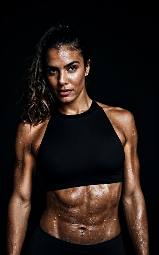 raw photo, portrait, photo of attractive brazilian woman, athletic, black sports outfit, fitness magazine, model, detailed skin texture, pores, sweat, wet, (posing in simple black background), dimly lit, dark theme, dragan effect, film grain