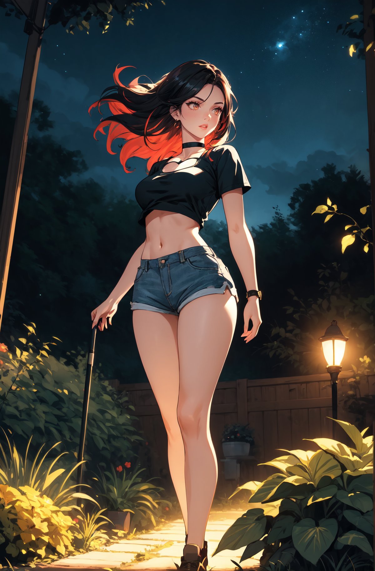 a cute woman, short sleeves, navel cutout, short shorts, choker, flowy hair, standing, outdoors, garden, night, (dynamic pose:0.8)., (highres, highly detailed:1.2), cinematic lighting, vibrant colors, <lora:epi_noiseoffset2:0.25>, <lora:more_details:0.25>