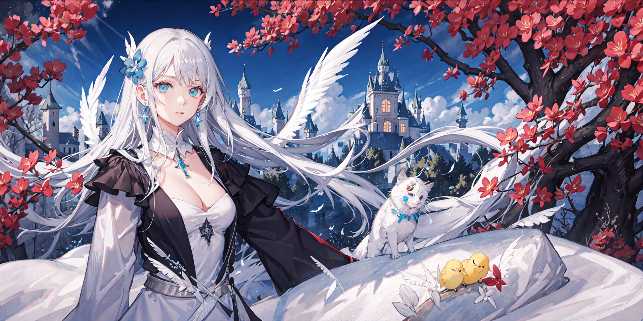 (an extremely delicate and beautiful girl),looking_at_viewer,1girl,white hair,long hair,cold expression,hairbow,(white) (armored dress),hair flower,earring,horned helmet,pendant,white winged helmet,medium breasts,(sideboob:1.3), (depth of field:1.4), (upper body:1.3),(street:1.3),(village:1.5),(extremely detailed castle:1.6),(forest:1.4),(bright colorful lights whith richly layered clouds in the extremely detailed sky:1.3),(river:1.0),(parterre:1.2),(surrounded by many floating feathers),floating feather,angel wings,(The portrait is centered:1.5),(cleavage:1.3)