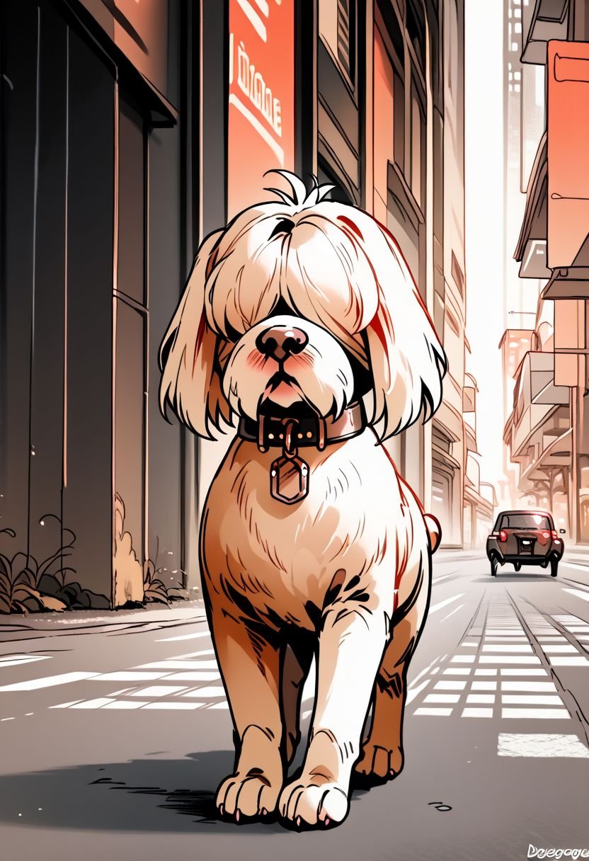 (Full color:1.0),(score_9, score_8_up, score_7_up:1.0),source_furry, (Xdogx:1.4) , portrait, beautifull colors, a white  (Dog walking in city destroyed , body dog, snall dog, furry, cute, dinámic focus, (white hair), eyes covered by the hair of the bangs, long mustaches, black normal necklace:1.0)