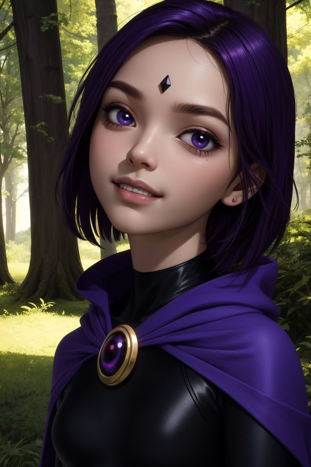 raven, 1girl, solo, purple eyes, purple hair, short hair, colored skin, grey skin, forehead jewel,black leotard, long sleeves, belt, purple cape,smile,closed mouth,portrait,forest,outdoor,(insanely detailed, beautiful detailed face, masterpiece, best quality) cinematic lighting,<lora:Raven_v3:1>, <lora:more_details:0.3>,